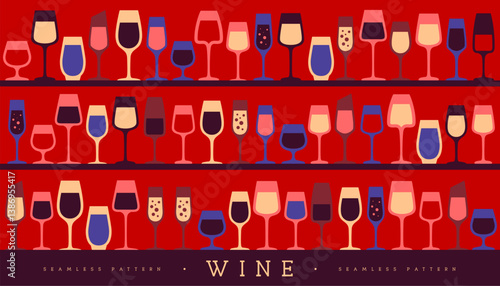Seamless pattern with various wine glasses. Wine showcase background. Restaurant menu design. Vector illustration