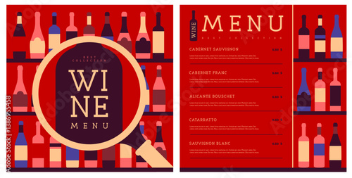 Restaurant wine menu design with various types of wine bottles. Wine background. Vector illustration