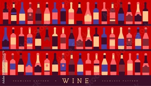 Seamless pattern with various wine bottles. Wine showcase background. Restaurant menu design. Vector illustration