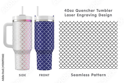 Seamless laser engraving design for 40oz tumbler. Mermaid scales tileable pattern. Full tumbler wrap. Vector illustration.
