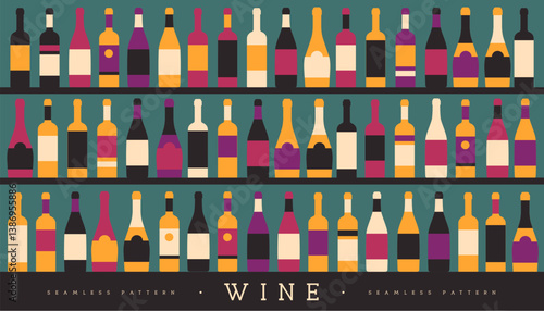 Seamless pattern with various wine bottles. Wine showcase background. Restaurant menu design. Vector illustration