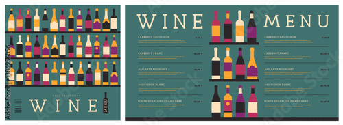 Restaurant wine menu design with various types of wine bottles. Wine background. Vector illustration