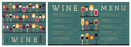 Restaurant wine menu design with various types of wine glasses. Wine background. Vector illustration