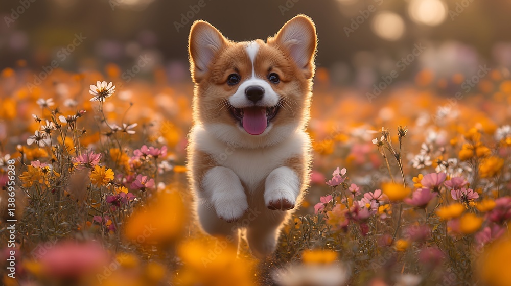 Cute Corgi Puppy Running in a Field of Flowers