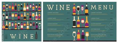 Restaurant wine menu design with various types of wine glasses and bottles. Wine background. Vector illustration