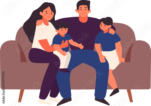 Mother and father with children sitting on sofa spend time together