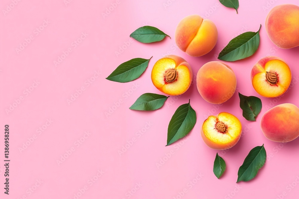 custom made wallpaper toronto digitalSummer fruit background. Flat lay composition with peaches. Ripe juicy peaches with green leaves on pink background. Flat lay top view copy space. Fresh organic fruit vegan food. Harvest concept