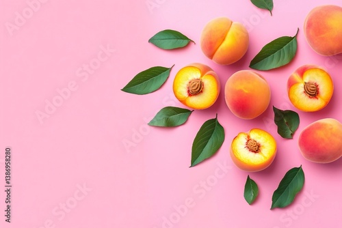 Wallpaper Mural Summer fruit background. Flat lay composition with peaches. Ripe juicy peaches with green leaves on pink background. Flat lay top view copy space. Fresh organic fruit vegan food. Harvest concept Torontodigital.ca