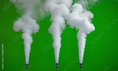 Wide angle overhead shot of spiraling white smoke columns on green screen cinematic haze HDR lighting created with Generative AI technology