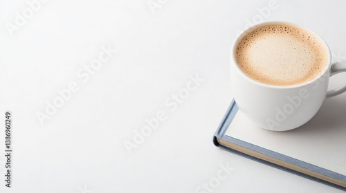 White ceramic mug of hot latte coffee with foam resting on a book over a clean white desk during a bright morning.