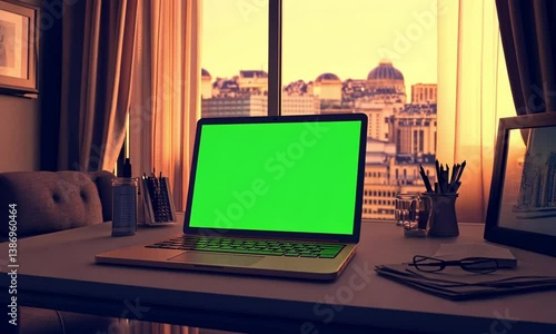 Modern workspace featuring 3D laptop on organized desk with sunlit ambient lighting and dynamic green screen created with Generative AI technology