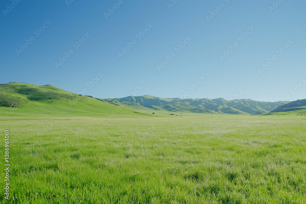 Fototapeta premium Green grass field and clear blue sky