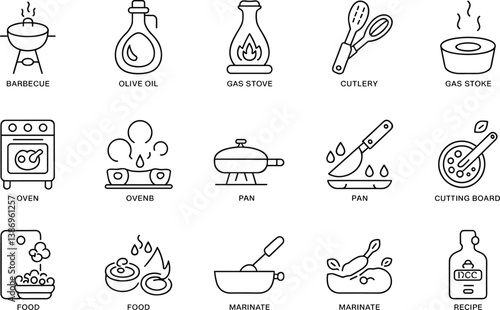 Vector Illustration Culinary Utensils And Appliances Outline Style Barbecue Olive Oil Gas Stove Oven Food Marinate