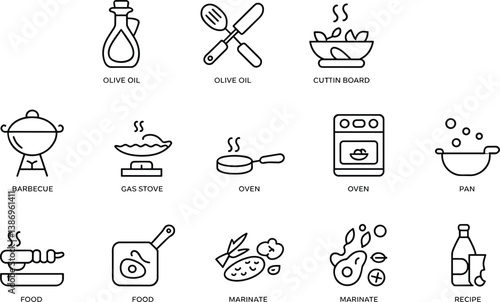 Kitchen Utensils And Food Preparation Line Icons For Culinary Themes And Restaurant Design