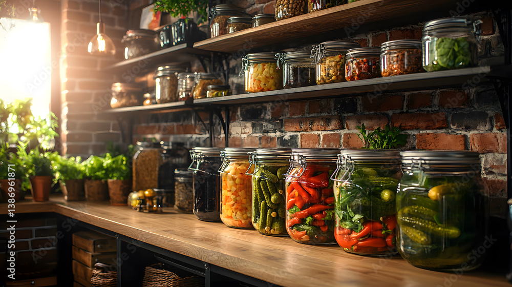 Colorful Jars of Preserved Vegetables on a Rustic Kitchen Shelf Colorful Jars of Preserved Vegetables on a Rustic Kitchen Shelf