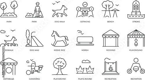 Playground Elements Outline Icons Set Park Equipment And Kids Play Area Elements Black Line Design