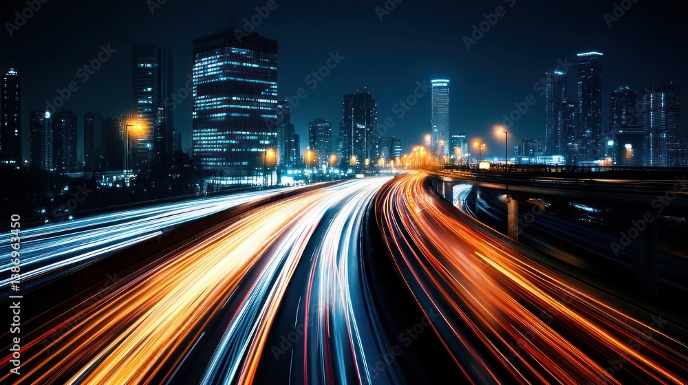 Naklejka premium Night Cityscape: Highway Lights and Urban Skyline