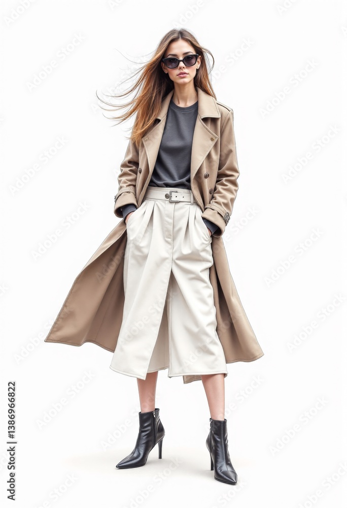 A woman in a beige trench coat and white skirt A woman in a beige trench coat and white skirt