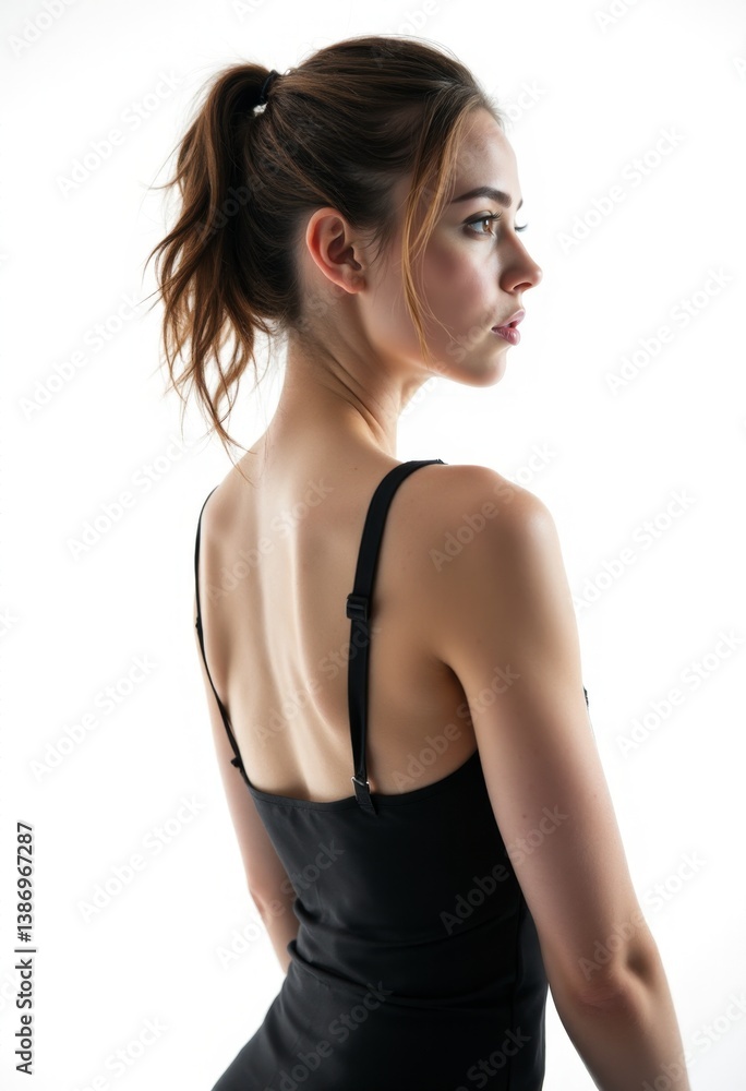 A woman in a black dress is looking away from the camera A woman in a black dress is looking away from the camera