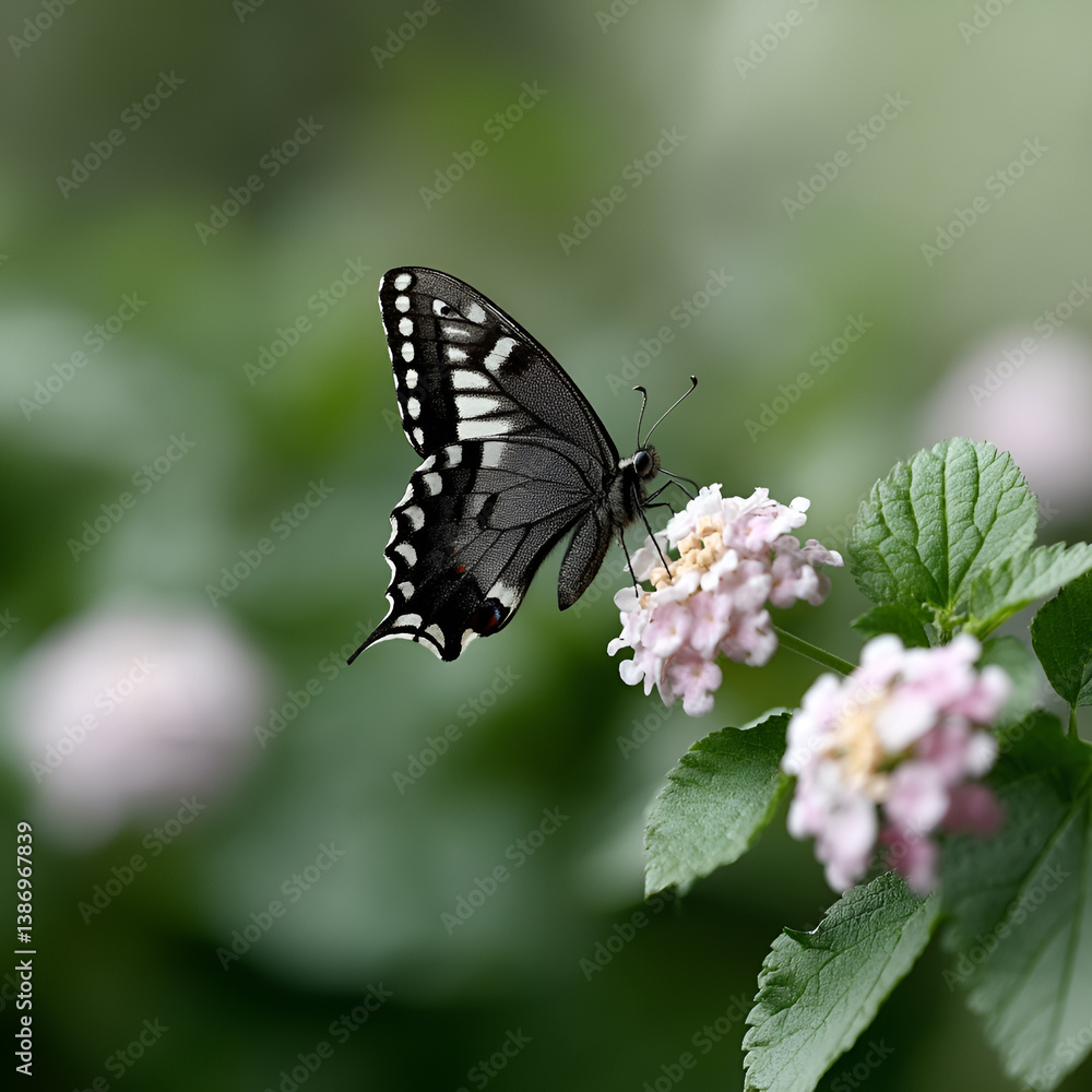Naklejka premium Elegant Black and White Butterfly on Lantana Flower