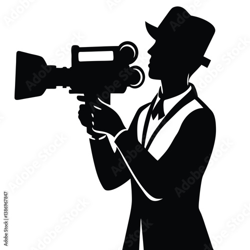 Silhouette Of A Man With A Hat Holding A Vintage Film Camera.