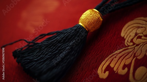 Close up of a black graduation tassel with gold thread on a crimson diploma with shadows