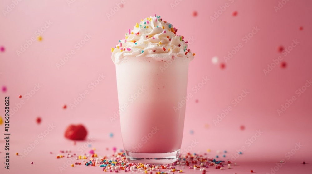 A glass of fresh strawberry milkshake with whipped cream and sprinkles. Featuring sweetness and nostalgia A glass of fresh strawberry milkshake with whipped cream and sprinkles. Featuring sweetness and nostalgia
