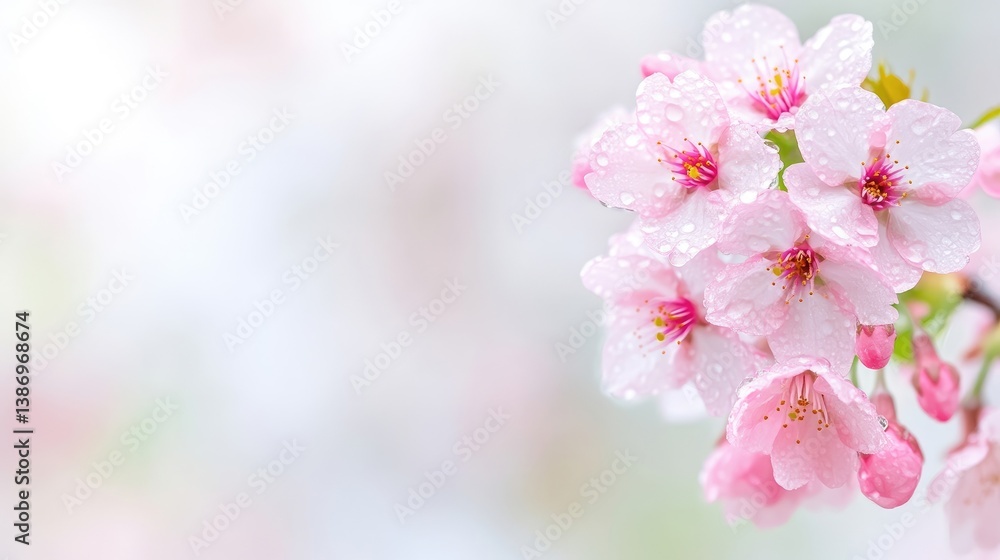 Delicate pink cherry blossoms, covered in water droplets, are the focus. Soft-focus background enhances the blossoms. The image is high-quality, with natural lighting. A gentle, romantic style is p Delicate pink cherry blossoms, covered in water droplets, are the focus. Soft-focus background enhances the blossoms. The image is high-quality, with natural lighting. A gentle, romantic style is p