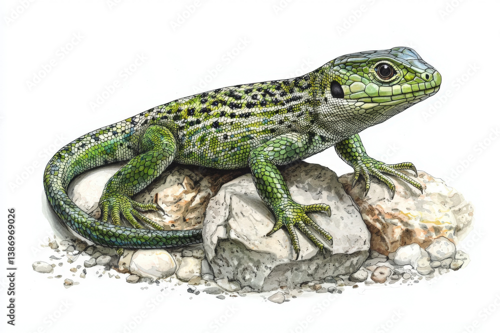 Obraz premium A biological illustration of Lacerta lepida (the sand lizard), showcasing its habitat and characteristics
