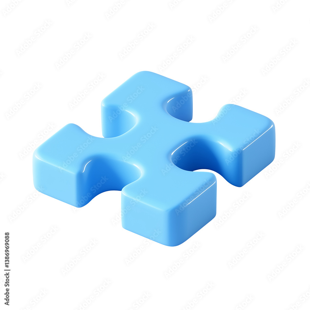 Obraz premium Single blue puzzle piece made of smooth plastic, featuring interlocking tabs and slots for assembly, ideal for representing teamwork ,PNG file isolate on transparent background,