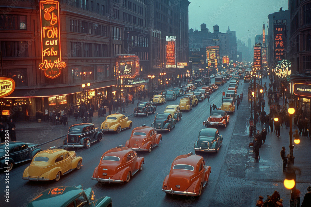 A bustling street in 1940s New York City, vintage and vibrant, nostalgic vibe