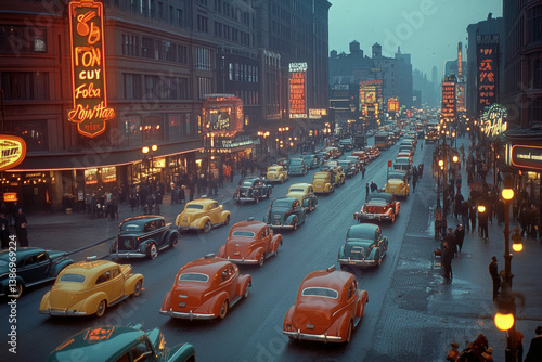 A bustling street in 1940s New York City, vintage and vibrant, nostalgic vibe
