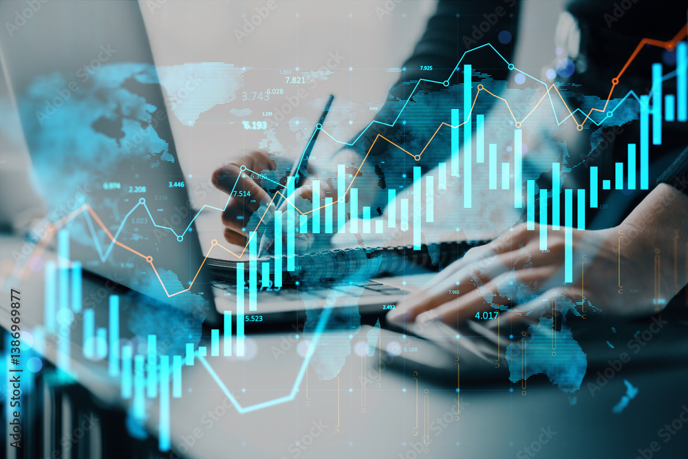 Businessperson analyzing digital financial data with technology interface on light background, highlighting abstract business growth concept.