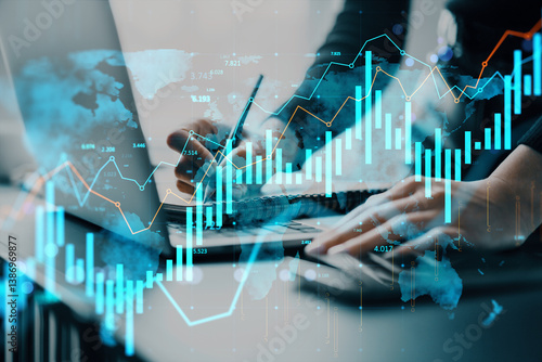 Obraz na płótnie Businessperson analyzing digital financial data with technology interface on light background, highlighting abstract business growth concept. w salonie