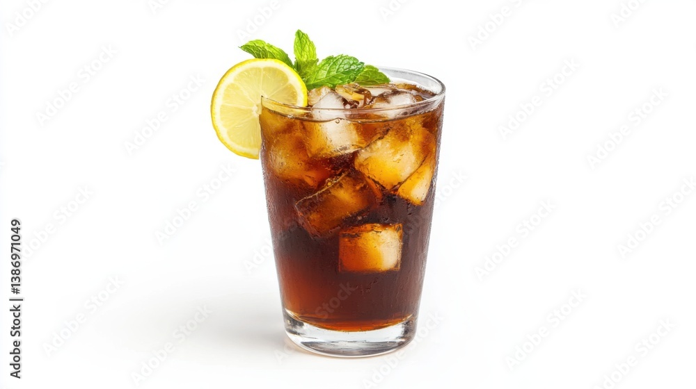 A glass of iced tea with lemon slices and mint leaves. Featuring refreshment and zest A glass of iced tea with lemon slices and mint leaves. Featuring refreshment and zest
