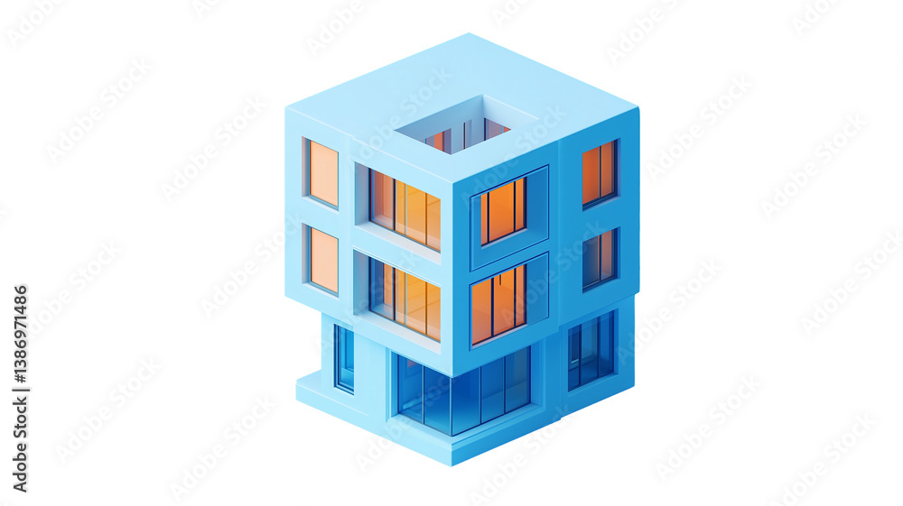 3d render Modern building with blue walls, large orange-curtained windows, and a flat roof featuring a square opening, . PNG file isolated on transparent background
3d render Modern building with blue walls, large orange-curtained windows, and a flat roof featuring a square opening, . PNG file isolated on transparent background