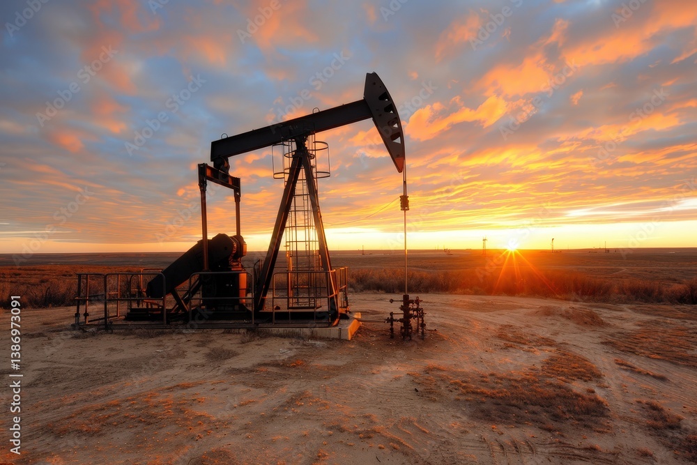 Oil Pump Jack Silhouette Against Colorful Sunset Sky in Rural Landscape Oil Pump Jack Silhouette Against Colorful Sunset Sky in Rural Landscape