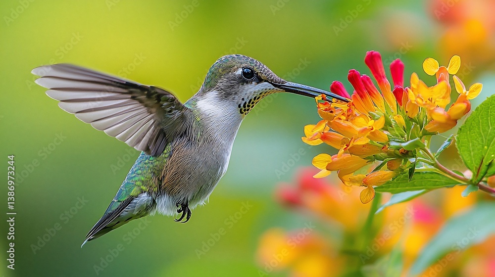 Naklejka premium Hummingbird Feeds on Flowers