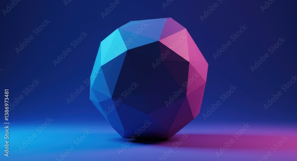 Abstract Low-Poly Geometric Sphere in Neon Blue and Pink Lighting
