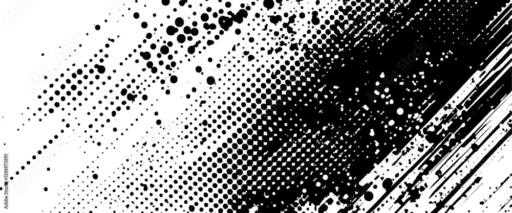 Vector modern paintbrush grunge with halftone dots pattern texture style black grunge brush stroke background.