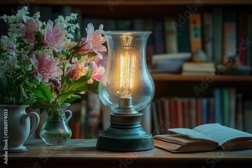 A Victorian oil lamp on a t...