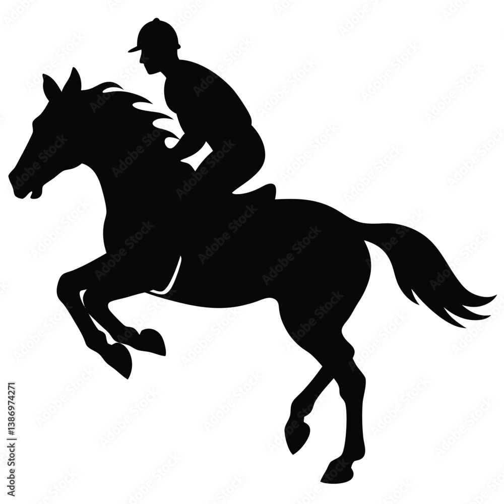 Fototapeta premium Equestrian Silhouette Of Horse And Rider Jumping Illustration Art.