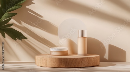 Beige cosmetic products on wooden stand, sunlit backdrop