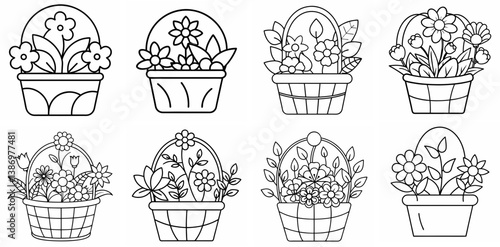 Basket with Flowers Outline Coloring Book Page Line Art Drawing
