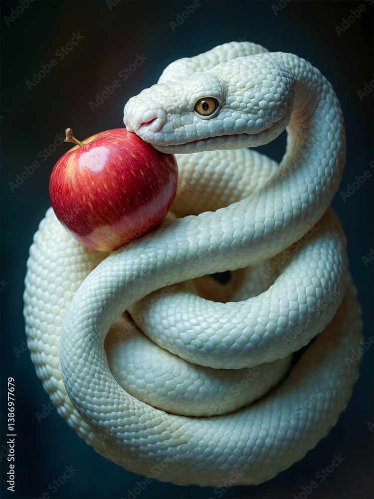 Fototapeta premium White snake coiled around a red apple in an artistic display highlighting contrasts in nature