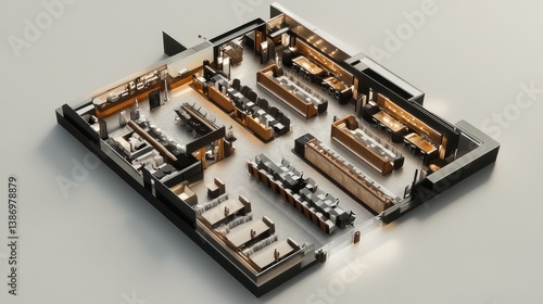 Detailed isometric view of a contemporary restaurant floor plan design