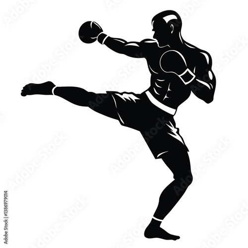 Black Silhouette Of A Kickboxer In Action Powerful Martial Arts Stance.