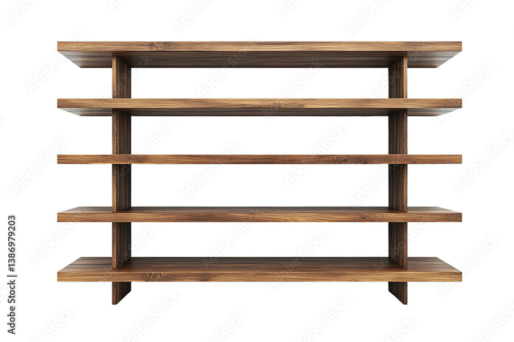 Empty wooden shelves on transparent background, versatile for display Empty wooden shelves on transparent background, versatile for display