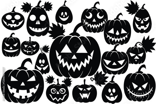 Set of Halloween scary pumpkins. Flat style spooky creepy pumpkins.