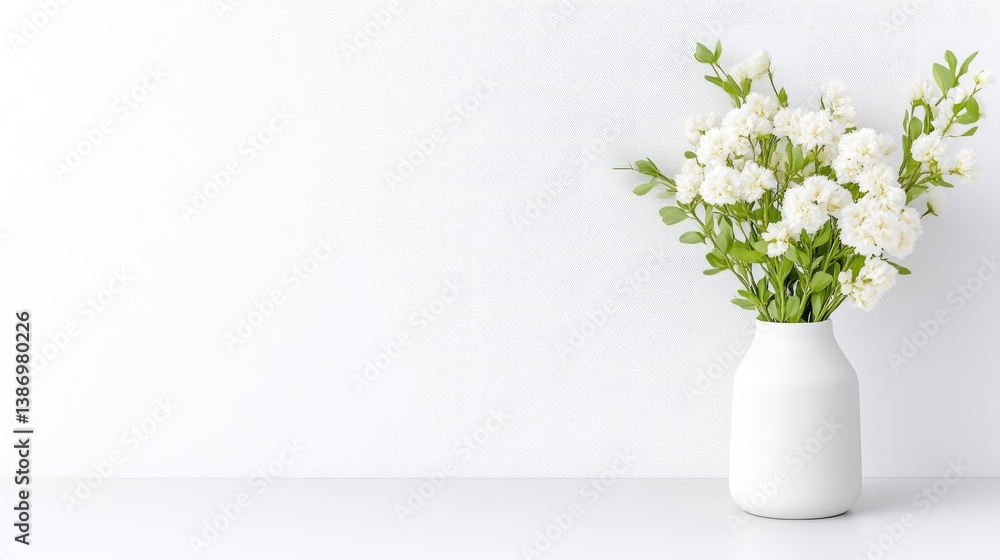 A white vase with delicate white flowers on a minimalist white shelf, soft natural light, and elegant and serene composition for home decor. A white vase with delicate white flowers on a minimalist white shelf, soft natural light, and elegant and serene composition for home decor.
